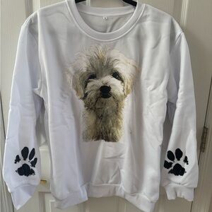 Charming White Dog Sweatshirt with Black Paw Prints